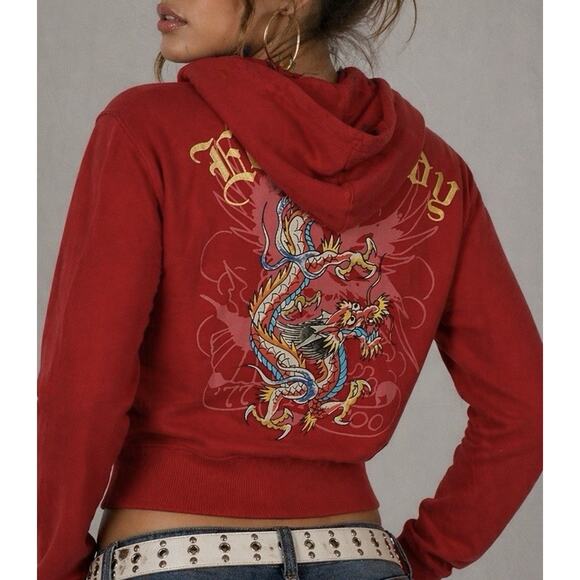 Ed Hardy Tops - ED HARDY Vintage Dragon Zip Crop Hoodie Red Gold Graphic Y2K Streetwear Size L